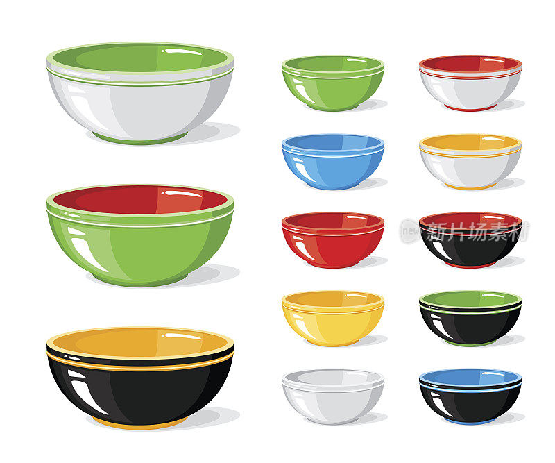 Vector illustration set of food icons. Different colourful empty bowls isolated on a white background. Cooking collection. Kitchen objects for your design